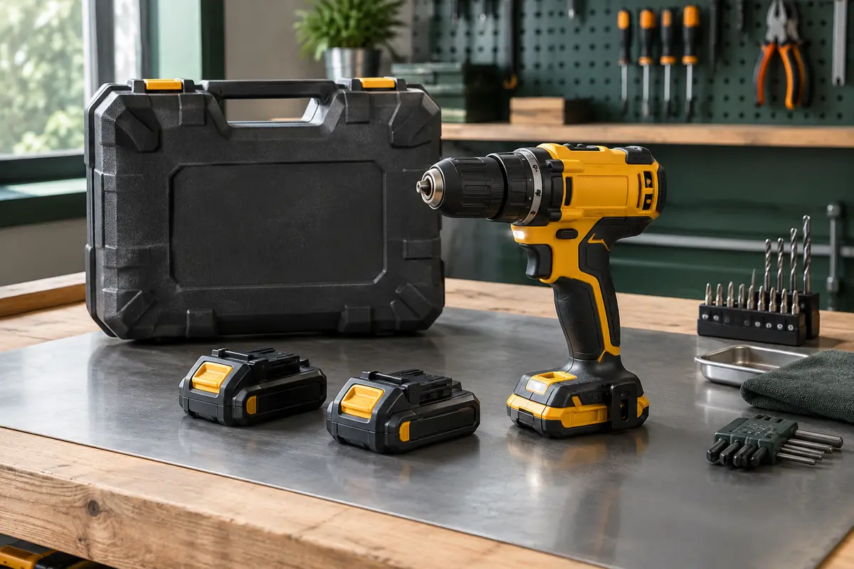 Perceuse-visseuse compacte noire et jaune avec deux batteries, posée sur un établi d’atelier