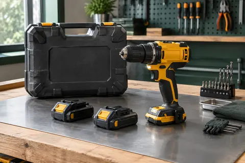 Perceuse-visseuse compacte noire et jaune avec deux batteries, posée sur un établi d’atelier