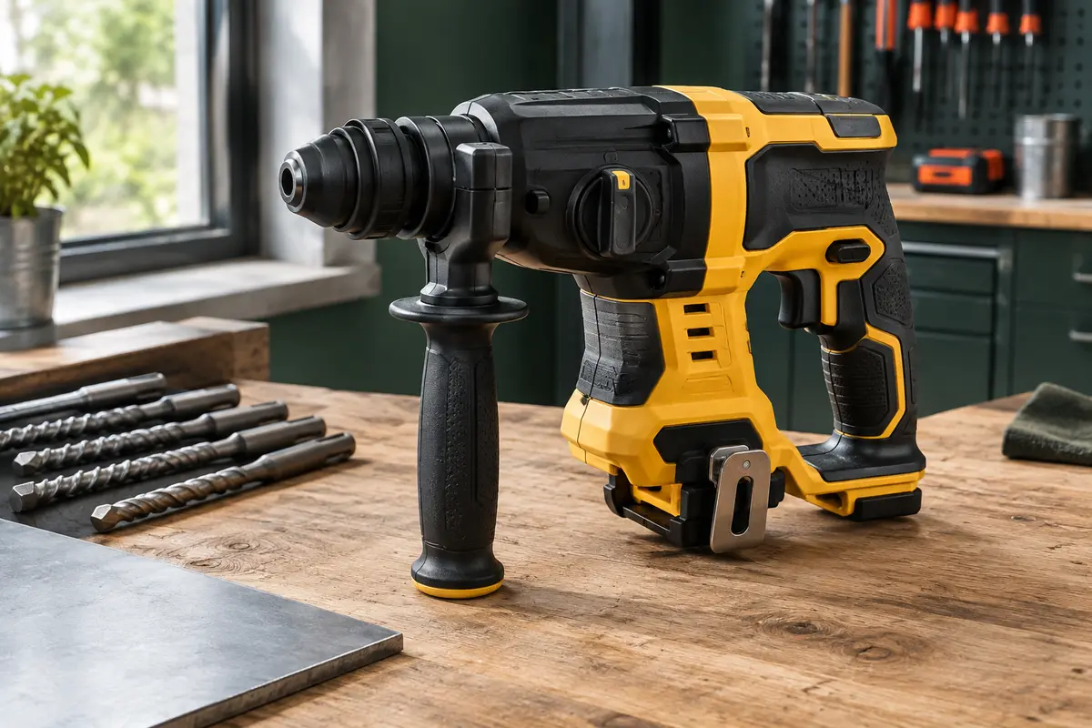 Perforateur burineur SDS-Plus Dewalt noir et jaune posé sur un établi en bois, avec sa poignée latérale.