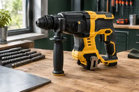 Perforateur burineur SDS-Plus Dewalt noir et jaune posé sur un établi en bois, avec sa poignée latérale.