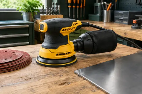 Ponceuse excentrique filaire noire et jaune avec plateau de 125 mm posée sur un établi en bois.