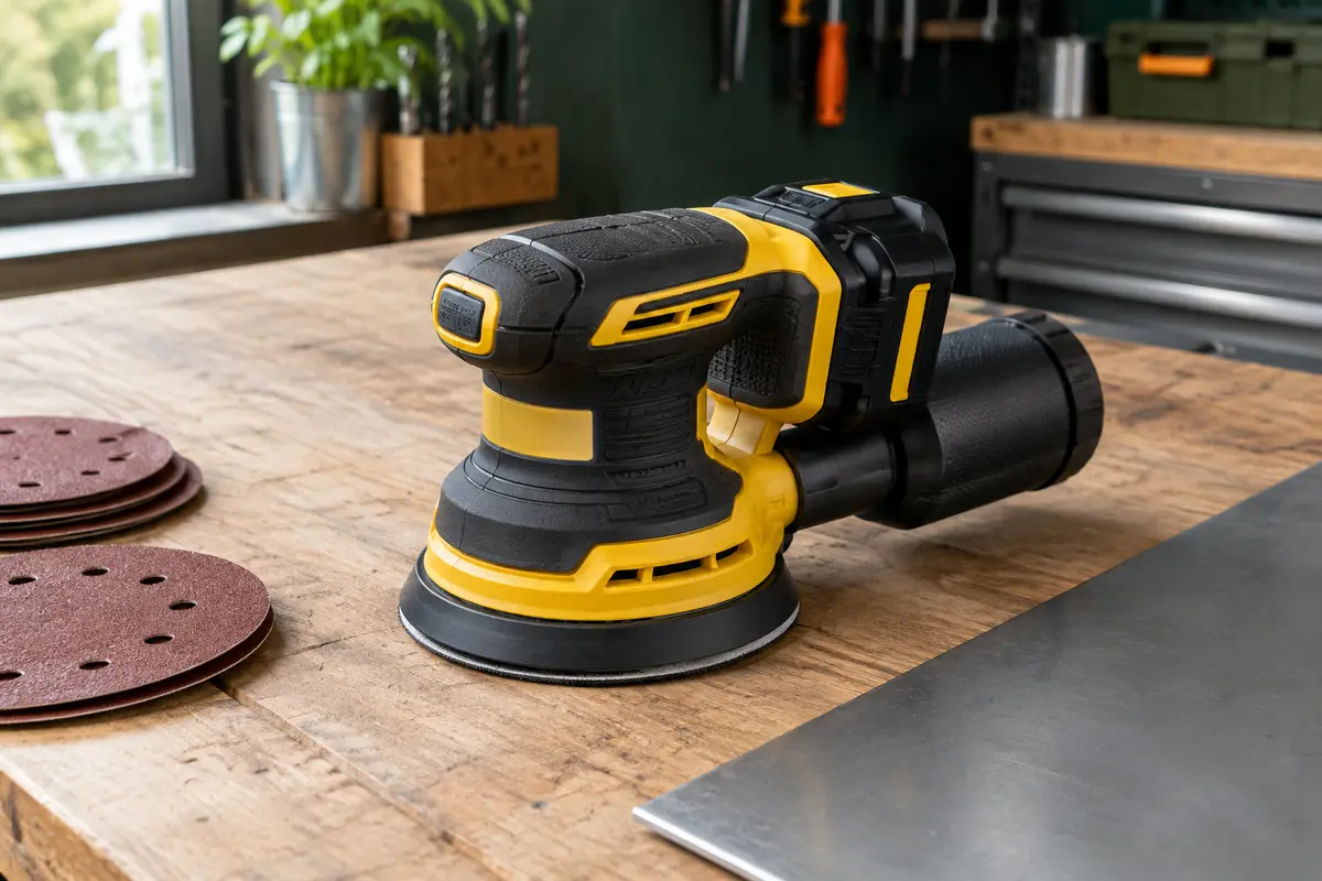 Ponceuse excentrique sans fil noire et jaune avec plateau de 125 mm posée sur un établi d’atelier