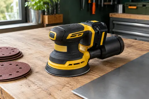 Ponceuse excentrique sans fil noire et jaune avec plateau de 125 mm posée sur un établi d’atelier