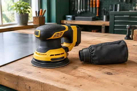 Ponceuse excentrique sans fil jaune et noire avec plateau de 125 mm sur un établi en bois
