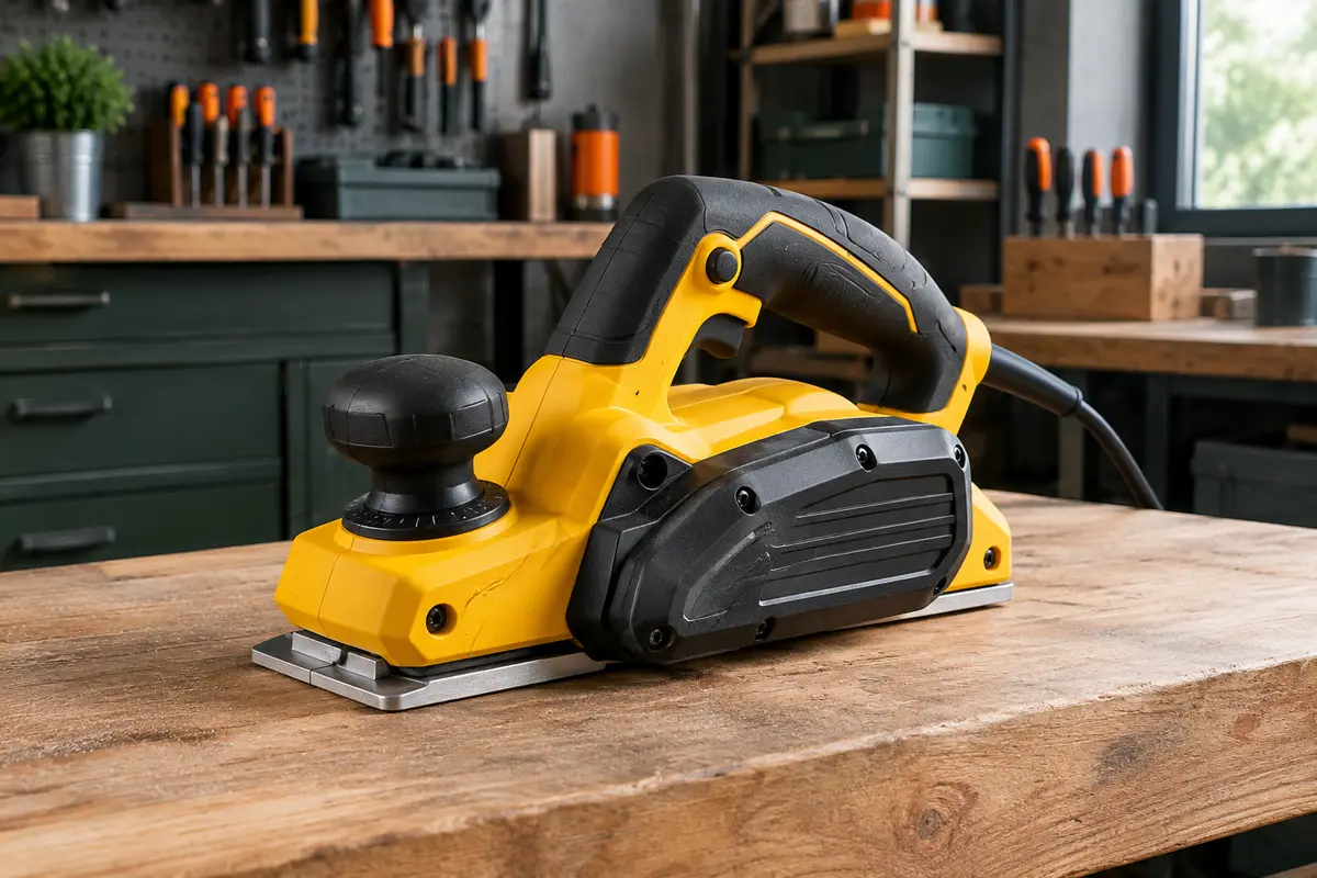 Rabot électrique Dewalt jaune et noir posé sur un établi en bois, avec sa semelle et ses poignées visibles.