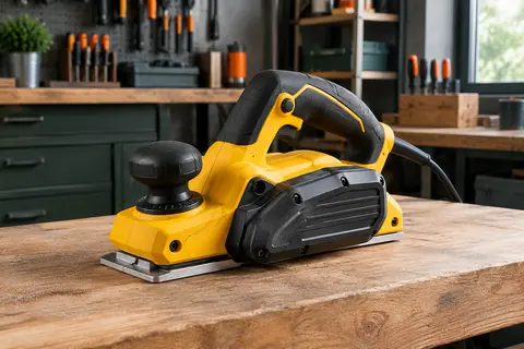Rabot électrique Dewalt jaune et noir posé sur un établi en bois, avec sa semelle et ses poignées visibles.