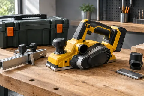 Rabot électrique sans fil jaune et noir posé sur un établi en bois, avec ses accessoires de rabotage.