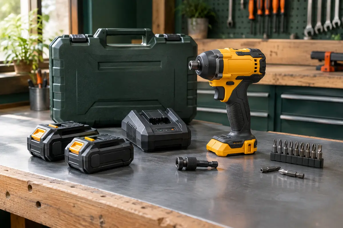 Visseuse à chocs Dewalt XR 18 V avec deux batteries, chargeur et coffret posés sur un établi d’atelier.