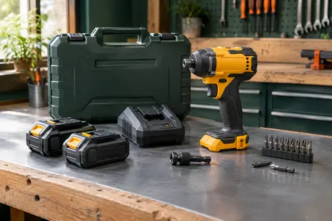 Visseuse à chocs Dewalt XR 18 V avec deux batteries, chargeur et coffret posés sur un établi d’atelier.