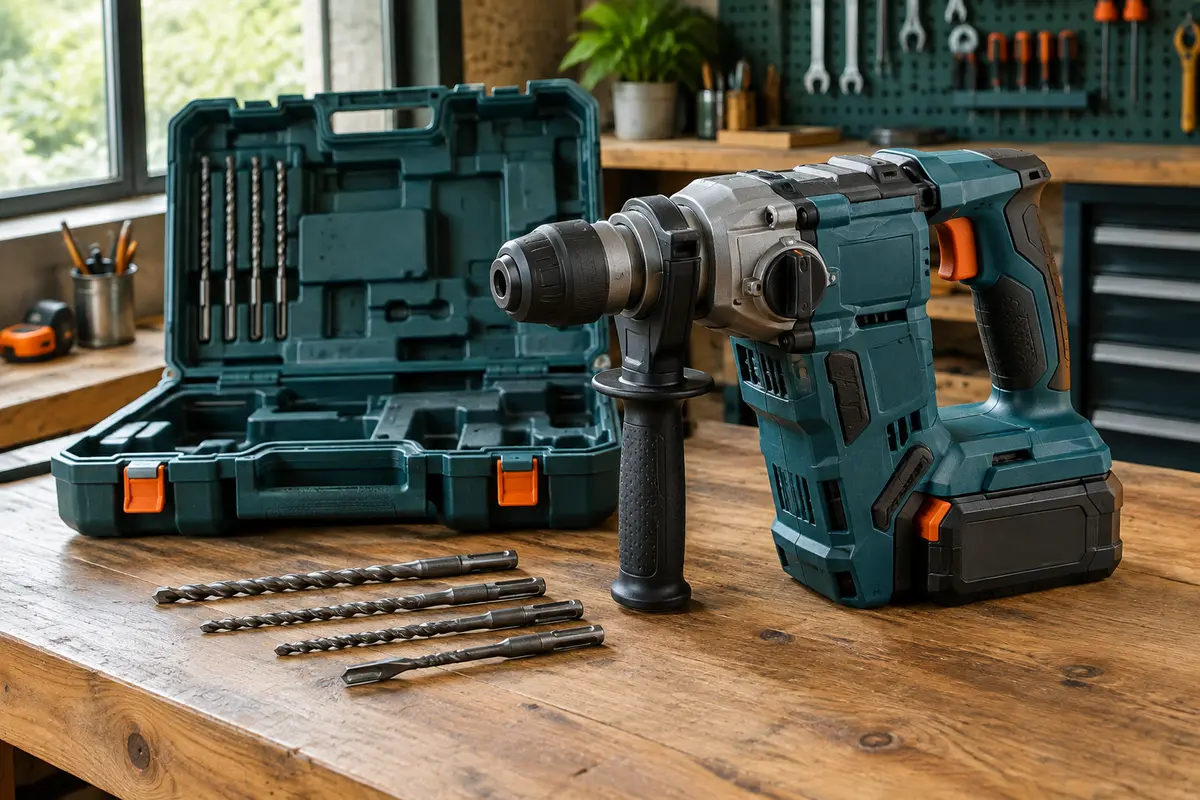 Marteau perforateur sans fil bleu avec batterie et forets SDS-Plus posé sur un établi d’atelier