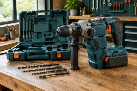Marteau perforateur sans fil bleu avec batterie et forets SDS-Plus posé sur un établi d’atelier