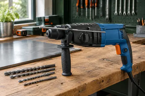 Marteau perforateur bleu avec poignée auxiliaire, butée de profondeur et forets sur un établi d’atelier