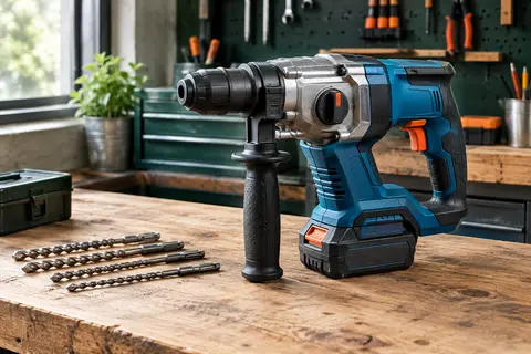 Perforateur-burineur sans fil bleu avec batterie et forets SDS-Plus sur un établi en bois