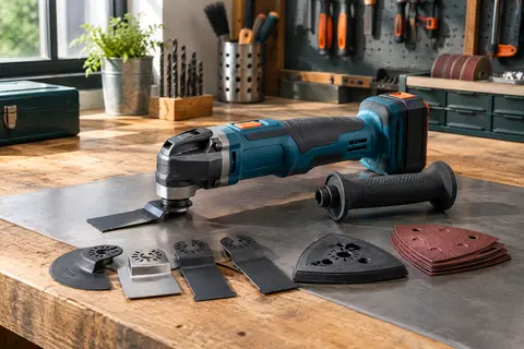 Outil multifonction oscillant sans fil bleu avec poignée auxiliaire et accessoires sur un établi en bois.