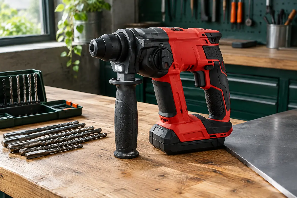 Marteau perforateur sans fil rouge et noir posé sur un établi, avec son porte-outil SDS-Plus visible.