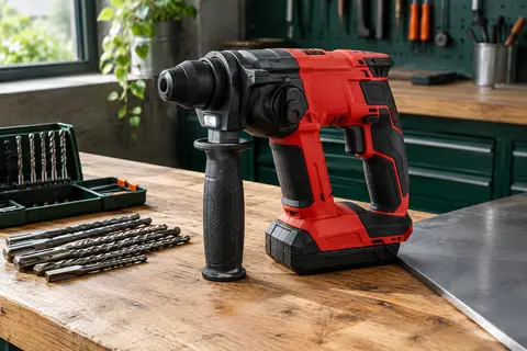Marteau perforateur sans fil rouge et noir posé sur un établi, avec son porte-outil SDS-Plus visible.