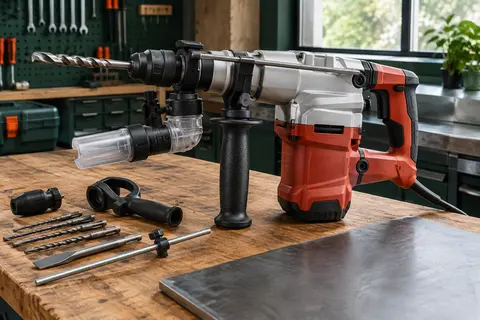 Marteau perforateur rouge avec poignée supplémentaire et butée métallique posé sur un établi en bois.