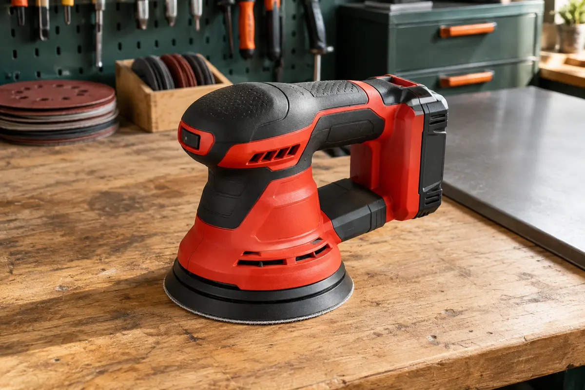 Ponceuse excentrique sans fil rouge avec plateau de 125 mm posée sur un établi d’atelier