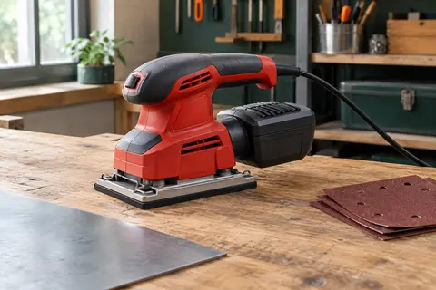 Ponceuse vibrante rouge compacte posée sur un établi en bois avec des feuilles abrasives à proximité.