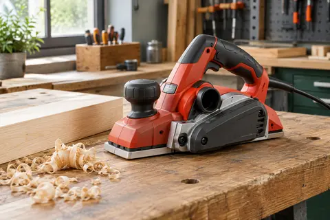 Rabot électrique rouge et noir posé sur un établi en bois, avec sa semelle en aluminium visible.