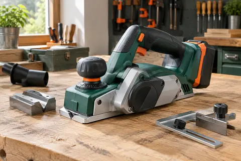 Rabot sans fil Einhell posé sur un établi, avec sa semelle en aluminium et ses butées de guidage.