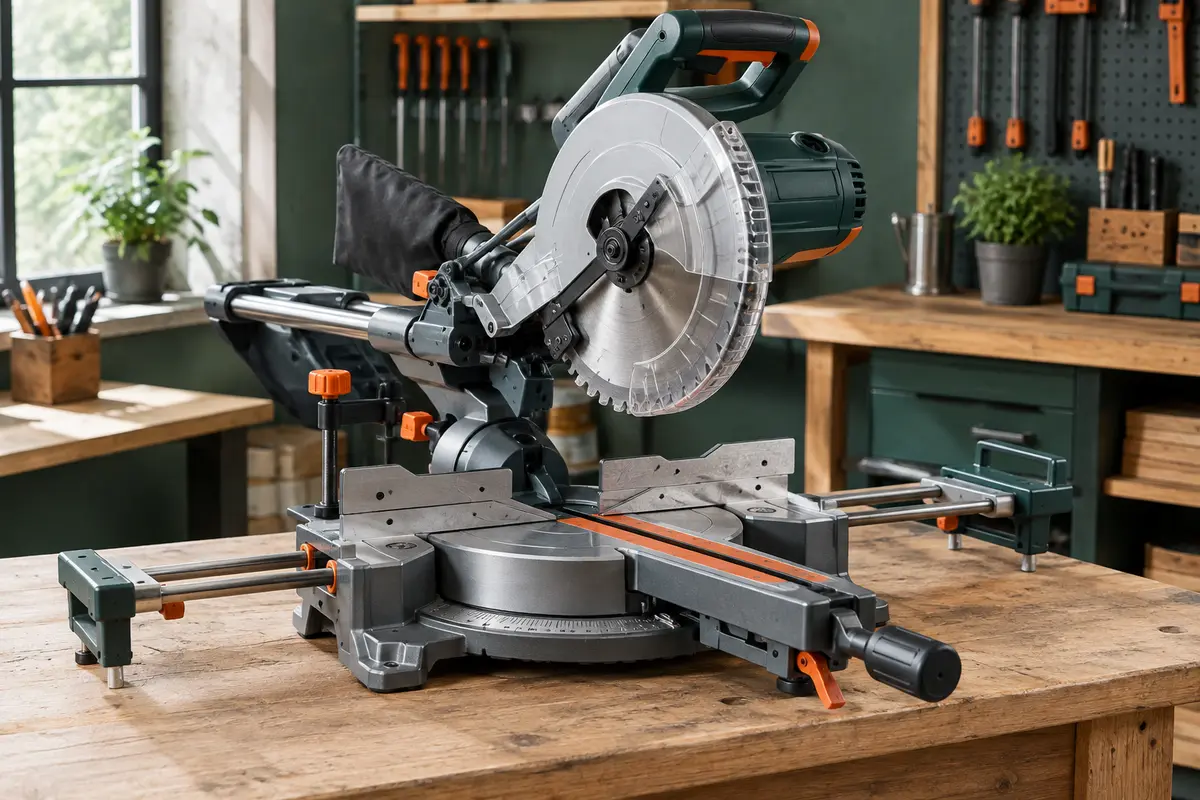Scie à onglet radiale Einhell avec lame circulaire, table pivotante et rails de guidage sur un établi d’atelier.