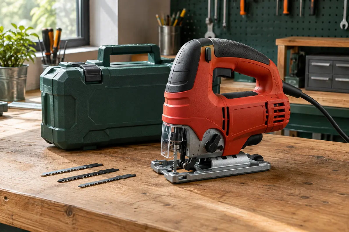 Scie sauteuse Einhell rouge avec son coffret de rangement et trois lames sur un établi d’atelier