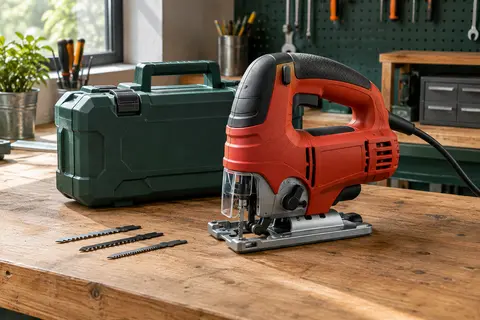 Scie sauteuse Einhell rouge avec son coffret de rangement et trois lames sur un établi d’atelier