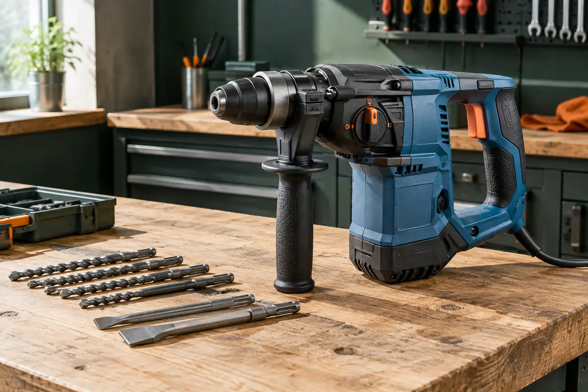 Marteau perforateur SDS-Plus bleu avec poignée auxiliaire et accessoires rangés sur un établi d’atelier