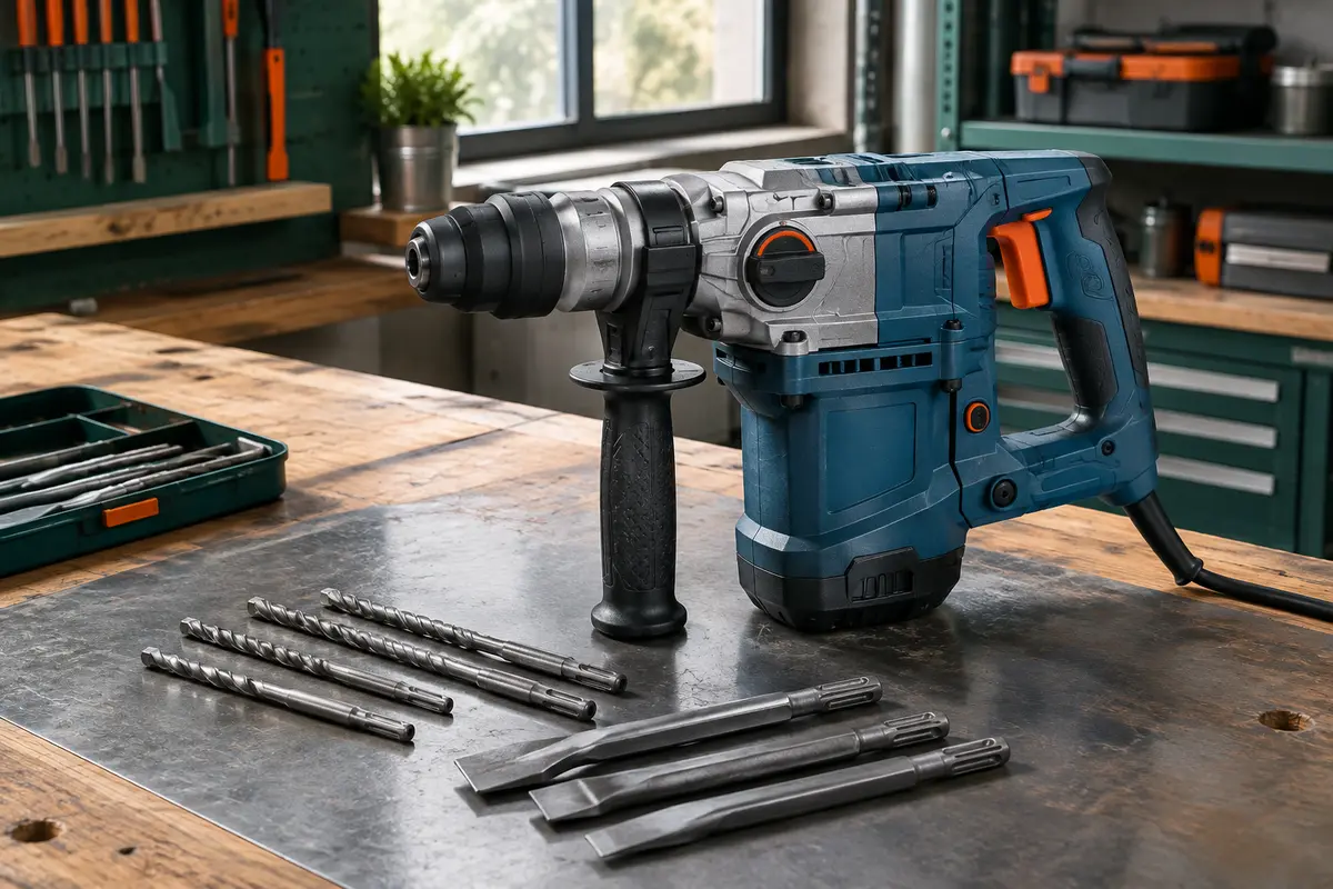 Marteau perforateur bleu SDS-Plus avec poignée auxiliaire et accessoires posés sur un établi d’atelier