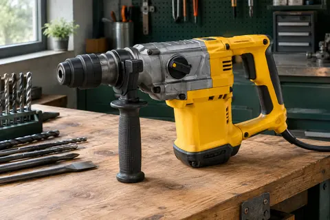 Marteau perforateur jaune avec poignée auxiliaire et accessoires rangés sur un établi en bois