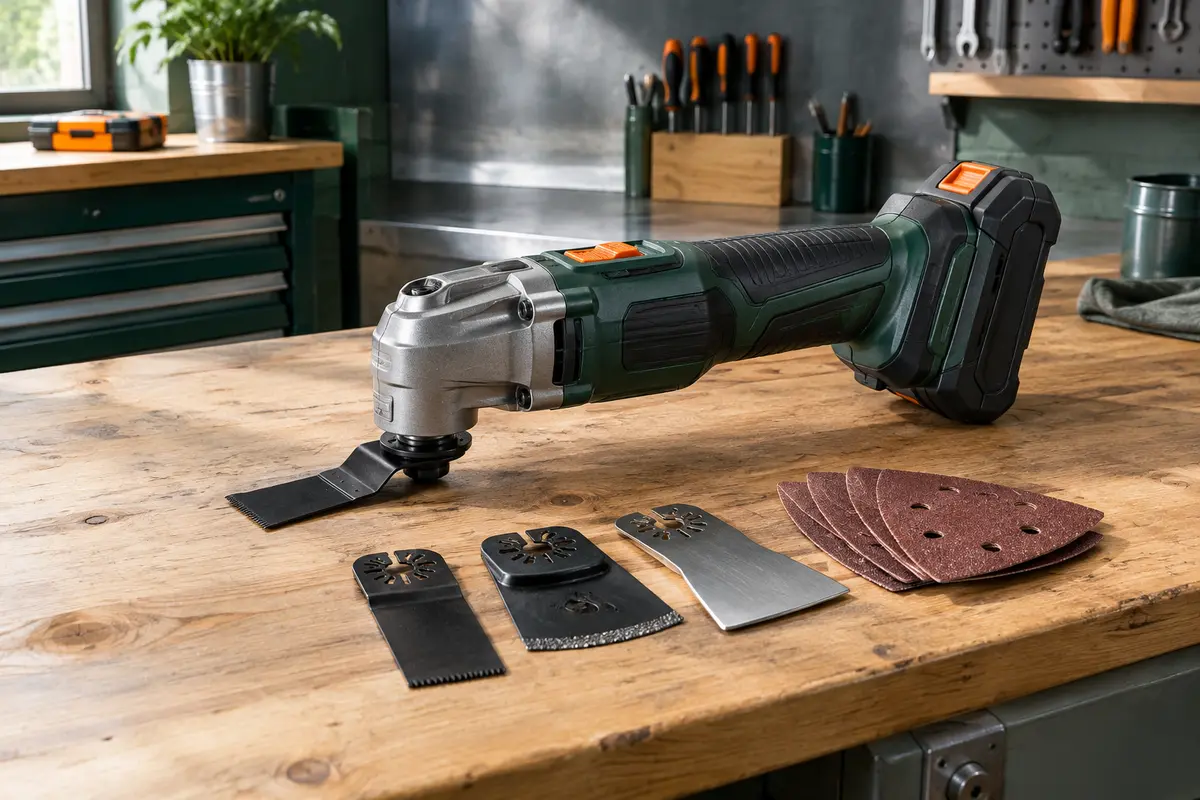 Outil multifonction oscillant Enventor noir avec batterie et accessoires disposés sur un établi en bois