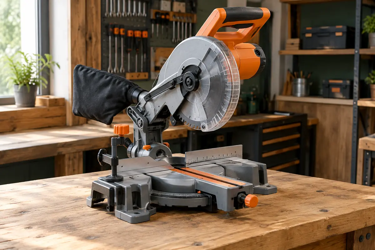 Scie à onglets compacte orange et grise posée sur un établi en bois dans un atelier soigné.