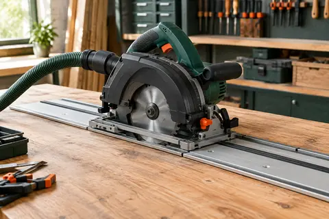 Scie circulaire noire avec lame multi-matériaux posée sur son rail, sur un établi d’atelier.