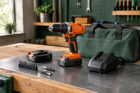 Perceuse-visseuse sans fil orange avec batterie, embouts et sac de rangement sur un établi