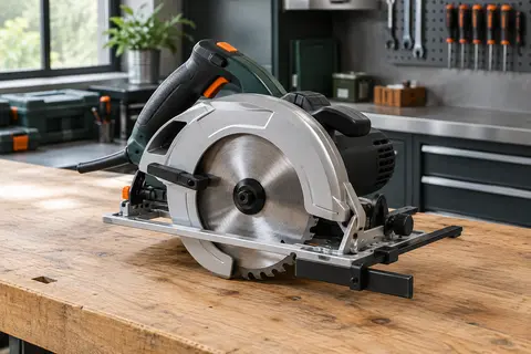 Scie circulaire noire et argent avec lame de 185 mm posée sur un établi en bois dans un atelier soigné