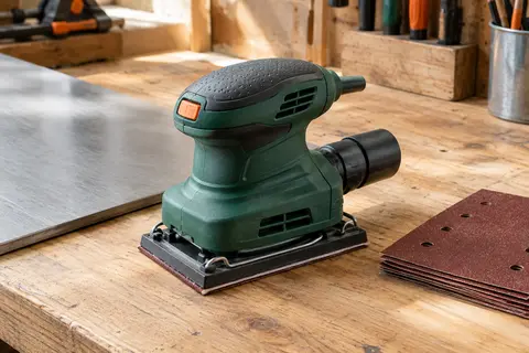 Ponceuse vibrante compacte verte avec repose-paume en caoutchouc posée sur un établi en bois.