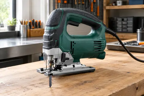 Scie sauteuse filaire noir, vert et argent posée sur un établi en bois dans un atelier soigné