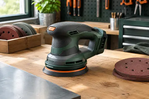 Ponceuse excentrique sans fil compacte à plateau de 125 mm posée sur un établi en bois
