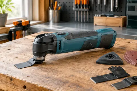 Outil multifonctions oscillant Makita turquoise posé sur un établi en bois dans un atelier soigné.