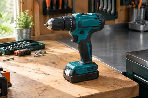 Perceuse-visseuse à percussion sans fil Makita turquoise posée sur un établi en bois