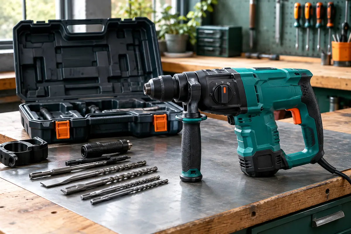 Perforateur-burineur turquoise avec poignée latérale et coffret synthétique sur un établi d’atelier