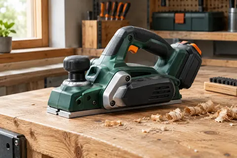 Rabot électrique sans fil posé sur un établi en bois, avec sa semelle, sa rainure en V et ses poignées visibles.