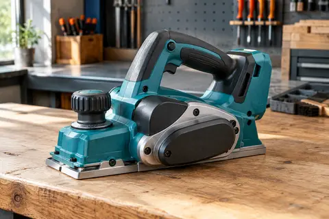 Rabot électrique sans fil Makita turquoise posé sur un établi en bois dans un atelier soigné