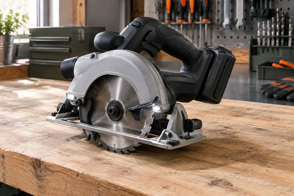 Scie circulaire sans fil noire avec lame de 165 mm et base en aluminium posée sur un établi