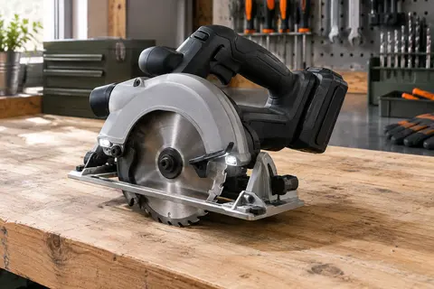 Scie circulaire sans fil noire avec lame de 165 mm et base en aluminium posée sur un établi