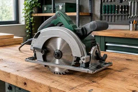 Scie circulaire Makita HS7611 posée sur un établi en bois, avec sa poignée auxiliaire et sa lame visibles.