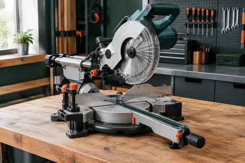 Scie radiale à onglet Makita argentée et noire posée sur un établi en bois dans un atelier