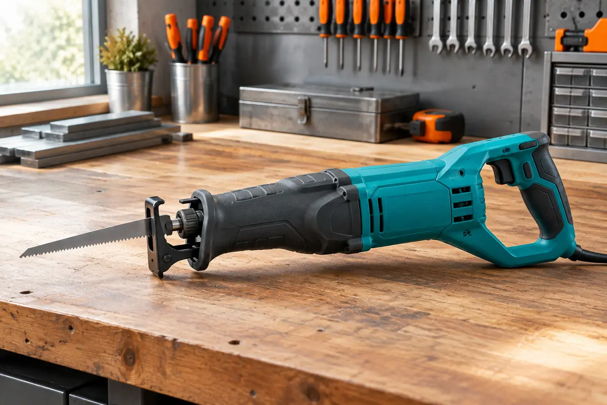 Scie sabre électrique turquoise posée sur un établi en bois dans un atelier soigné