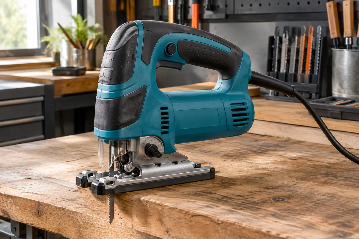 Scie sauteuse Makita bleue avec lame et câble posée sur un établi en bois dans un atelier soigné.